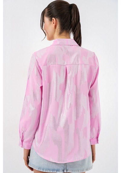 Hiccup Bdart Bol Kesim Soyut Desenli Düğmeli Gömlek Allık Pembe