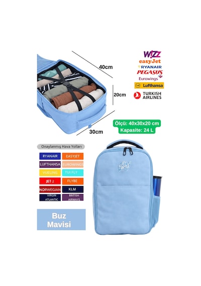 Jet Turtle Seyahat Sırt Çantası 40cm 40x25x15 Cm Pegasus, Wizz Air, Ryanair, El Valizi Koltuk Altı Valizi Buz Mavisi