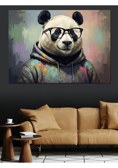 Sweatshirt Giymiş Gözlüklü Panda Tablosu Dekoratif Kanvas - Mdf Ahşap Tablo