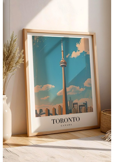 Toronto Canada Vintage Seyahat Posteri Çerçeveli Tablo - Premium Cn Tower Elit Duvar Dekoru Kayın