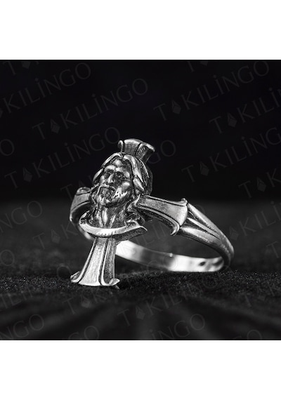 Takılingo 925 Ayar Gümüş Hz. İsa Motifli Hac Desenli Eskitme Model Erkek Yüzük Gümüş