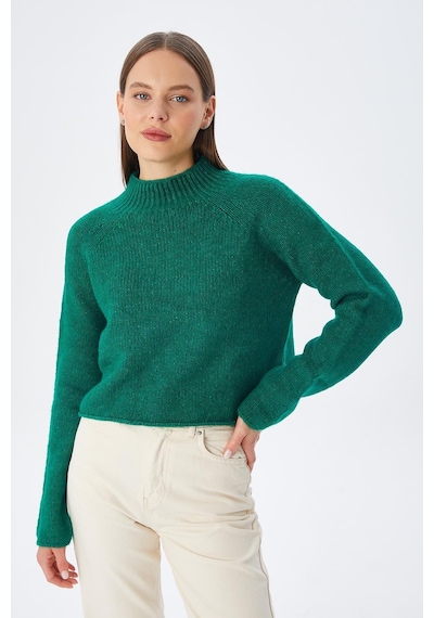 Mixray 6854 Kadın Dik Yaka Bütün Crop Triko Kazak Yeşil