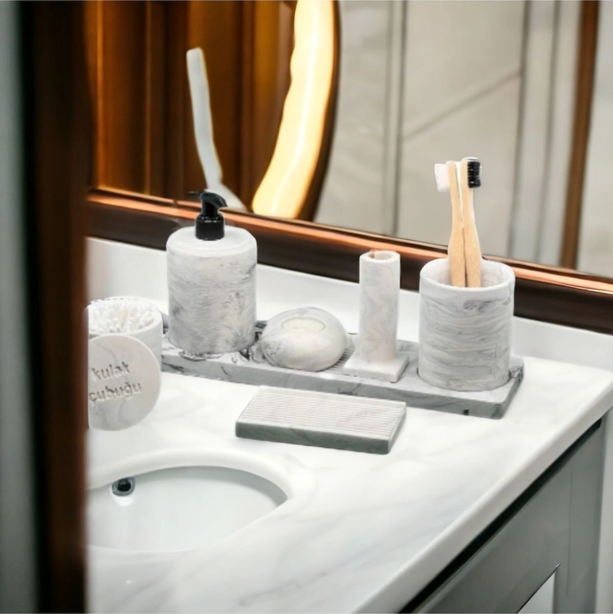 7'li Mermer Desenli Banyo Seti, Sıvı Sabunluk Diş Fırçalığı,tepsili,mmumluklu Beton Aksesuar Takımı Gri