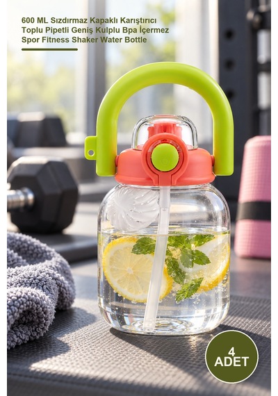 4 Adet Sporcu Matarası 600 Ml Sızdırmaz Kapaklı Karıştırıcı Toplu Pipetli Geniş Kulplu Bpa İçermez Spor Fitness Shaker Water Bottle Sarı