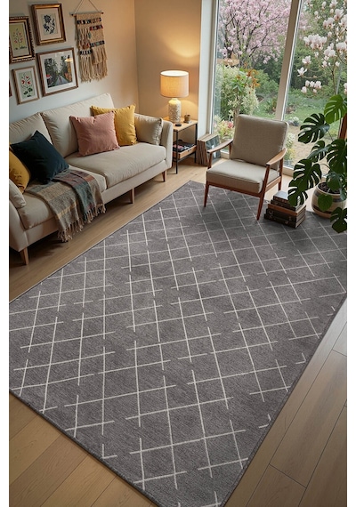 Malta Mlt01z Antrasit Dekoratif Şönil Kilim Geometrik Desen Yıkanabilir Yumuşak Kaymaz Taban Halı