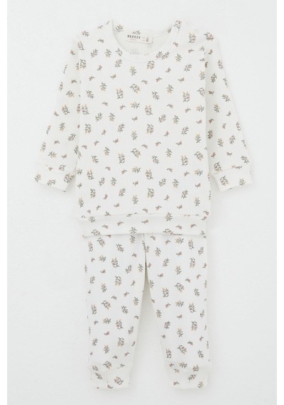 Breeze Kız Bebek Pijama Takımı Omuzdan Patlı Çiçek Desenli 4 Ay-1 Yaş, Ekru