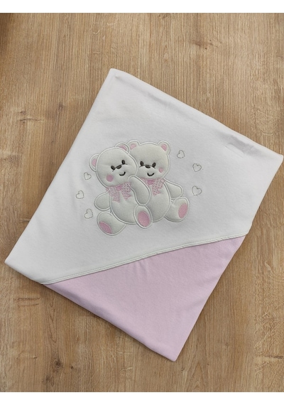 %100 Pamuklu & Mevsimlik Bebek Battaniyesi - Kahverengi & Ayıcık Nakışlı Bebek Örtüsü 80x90 Cm Pembe