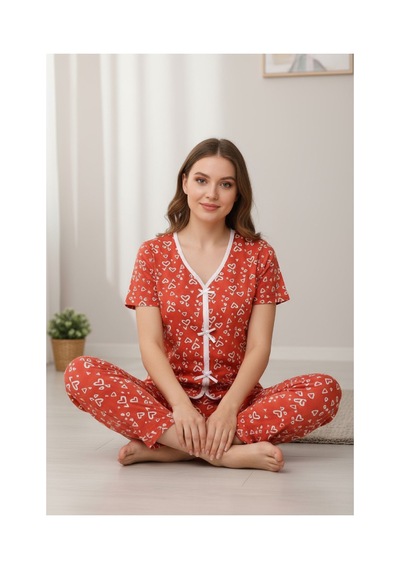 Fantezia Night Kadın Turuncu Kalp Desenli Fiyonklu Kısa Kollu Uzun Pijama Takımı