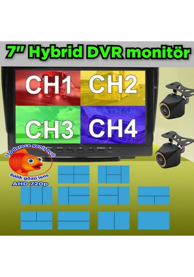 2 Adet 4x3 Cm. Ahd 720p 170 Derece Balık Gözü Lens Kamera 7 İnç Ips Qled 256 Gb Dvr Monitör 12 V