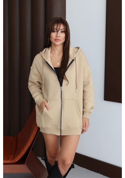Balenbi Kadın 3 İplik İçi Polarlı Kapüşonlu 75cm Oversize Sweat Hırka 1129 Bej