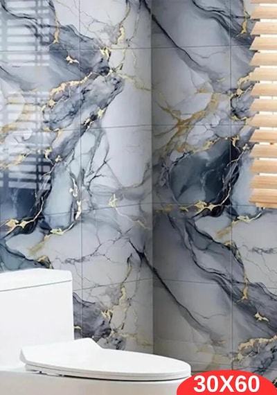 10 Adet 30x60cm Mavi Gold Mermer Desen Yapışkanlı Köpük Duvar Paneli Kağıdı Banyo,tezgah Ara Tx-6969 Mavi