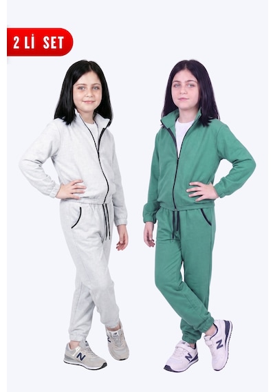 Fyk Kids Kız Çocuk 2'li Dik Yaka Fermuarlı Beli Bağcıklı Lastik Paça Eşofman Takımı Gri-yeşil
