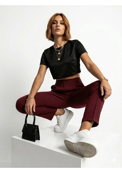 Ribana Classic Kadın Dar Paça Pileli Mevsimlik Klasik Moda Kumaş Pantolon 4687 Bordo