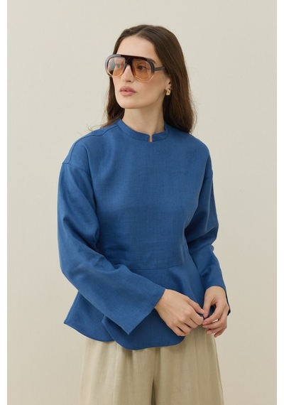 Molene Saks Mavisi Hakim Yaka Peplum Keten Bluz