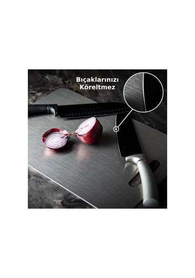 34x24 Cm Büyük Boy Paslanmaz Çelik Kesme Tahtası - Antibakteriyel - Leke Ve Su Tutmaz Gri