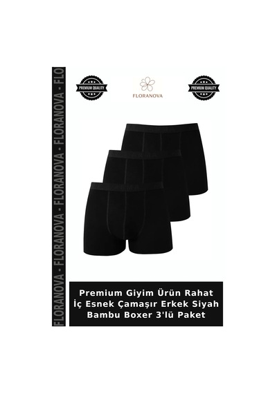 Floranova Premium Giyim Ürün Rahat İç Esnek Çamaşır Erkek Siyah Bambu Boxer 3'lü Paket