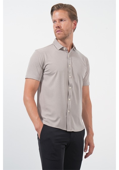 İmza Bej İtalyan Yaka Kısa Kol Cepsiz Slim Fit Esnek Gömlek 1004260159 Koyu Bej