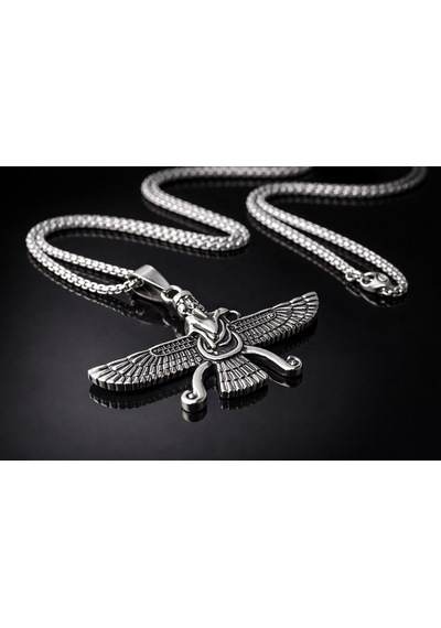 Antik Pers Sembolü Ahura Mazda Faravahar Erkek Çelik Kolye Gümüş
