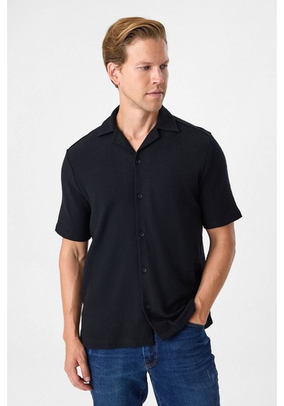 Backandbond Küba Yaka Relaxed Fit Küba Yaka Örme Gömlek Siyah