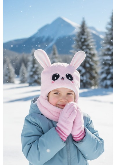 Eleven Markets Kız Çocuk Kulaklı Bere Boyunluk Takım Sevimli Tavşan Desenli Polar Kışlık Şapka & Atkı, 3-9 Yaş Pembe