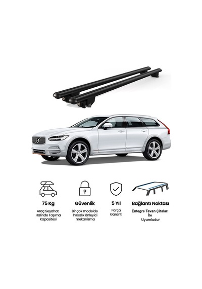 Kanca Volvo V90 Cross Country 2017 Ve Sonrası Uyumlu Siyah Kilitli Ara Atkı 120cm Port Bagaj Tavan Barı
