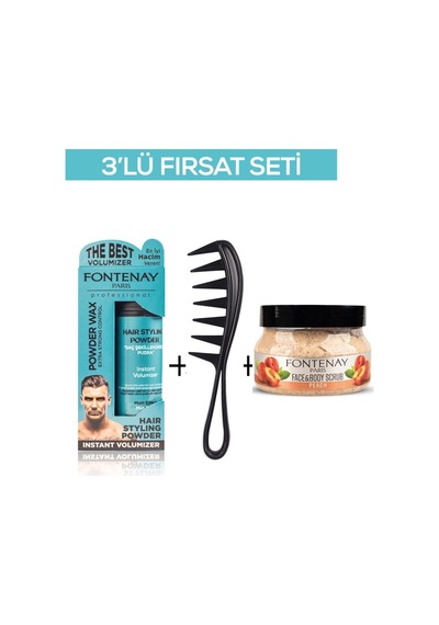 Fontenay Pudra Toz Wax Mavi 20gr + Şekil Tarağı 043 + Face And Body Scrub Şeftali 350ml 3'lü Set