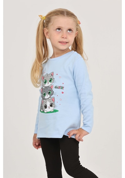 Toontoy Kız Çocuk Üçlü Kedi Baskılı Sweatshirt Koyu Mavi