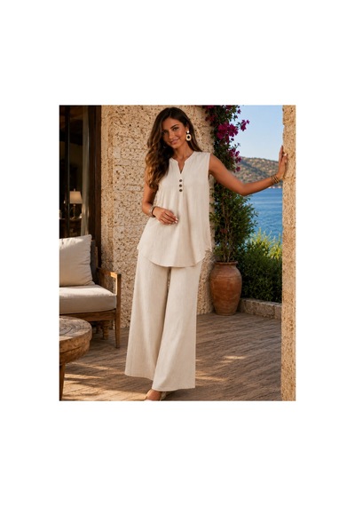 Unika Boutique Kadın Kısa Kollu Bürümcük Bluz Ve Pantolon Ikili Takım ekru Unika Boutique Kadın Kısa Kollu Bürümcük Bluz Ve Pantolon Ikili Takım ekru