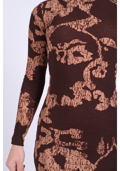 Armonika Kadın Kahve-bej Balıkçı Yaka Önden Yırtmaçlı Midi Boy Elbise Arm-26k001064