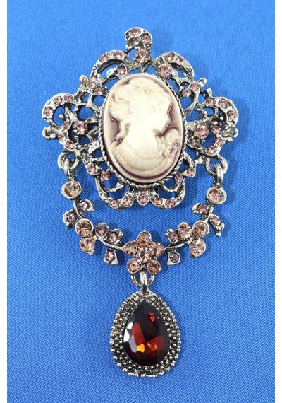 Kameo Vintage Broş, Garnet Kristal Taşlı Sallantılı Eskitme Bronz Renkli Kadın Yaka İğnesi Çok renkli