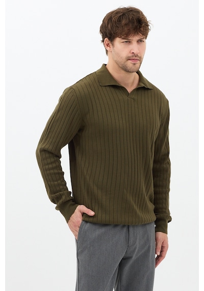 Erkek Haki Slim Fit Uzun Kollu Polo Yaka Triko Kazak Haki