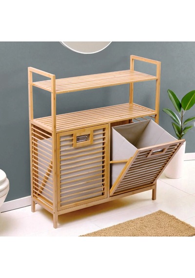 İbico İ21-150 Kalın Bambu Kirli Çamaşır Sepeti 80x33x87 Cm - 2 Bölmeli Önden Çek Aç Organizer Raflı