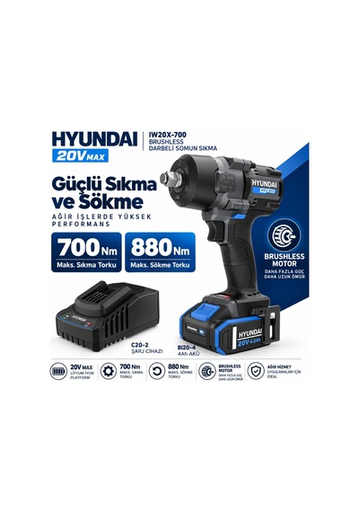 Hyundai Iw20x-700 20v Kömürsüz Darbeli Somun Sıkma Seti 700nm 4ah Akü Ve Şarj Dahil