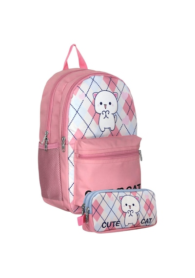 Cennec Umt5024+umt5026 Sırt Çantası Ve Kalemlik Seti Beyaz Pembe - Love Cute Cat - Kız Çocuk Pembe - Beyaz