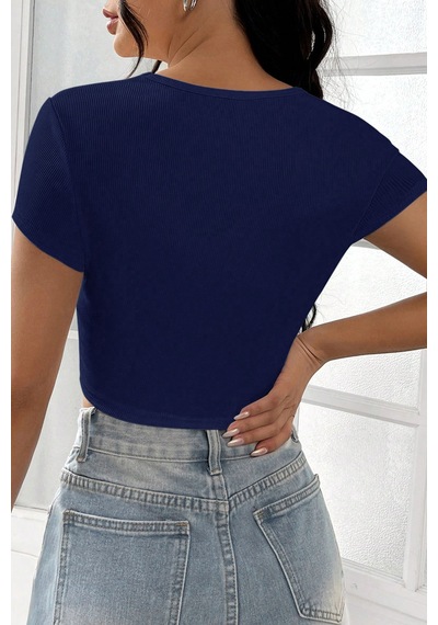 Angbutik Kadın Lacivert Yarım Kol Düz Yaka Crop Top Bluz