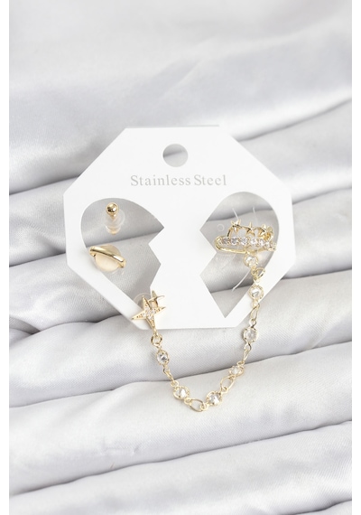 Pirinç Gold Renk Uzay Model Zincir Bağlantılı Ear Cuff Küpe Seti Diğer
