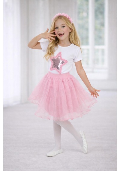 Dıgıl Kids Kız Çocuk Yıldız Desenli T-shirt Etek Takım Pembe2