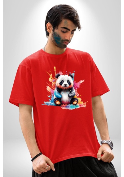 Renkli Yavru Panda Pamuklu Bisiklet Yaka Unisex Oversize Boyfriend Dijital Baskılı Kırmızı T-shirt Kırmızı