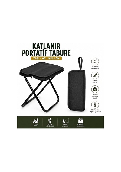 Asyaink Siyah Katlanabilir Kamp Taburesi Ultra Portatif Taşıma Çantalı