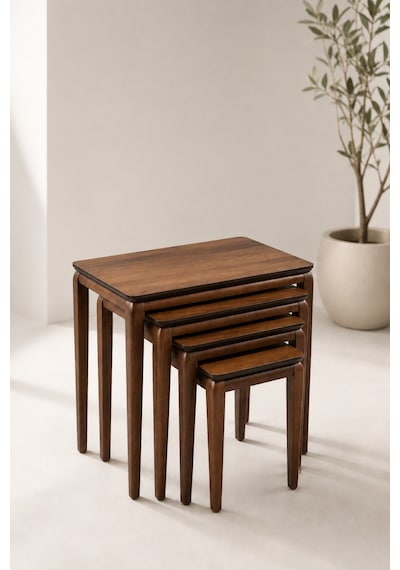 Ant Home Milas 4'lü Zigon Sehpa, Yan Sehpa, Bohem Sehpa, %100 Doğal Ahşap, Salon Sehpa Ceviz
