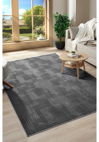 Raschel Carpet Bohem Emboss Premium Seri Kaymaz Taban Jel Taban Halı Yolluk Koyu Gri Gri