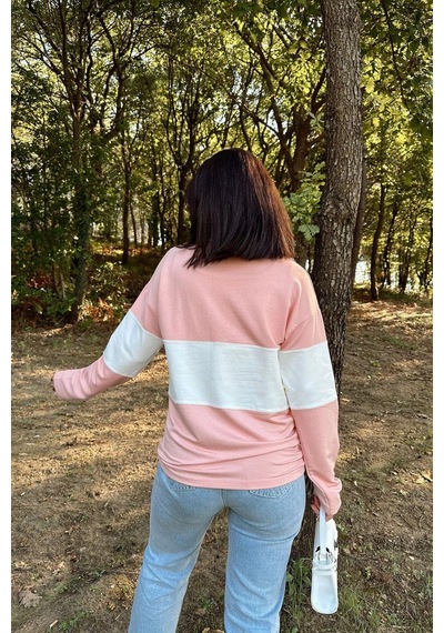 WeShaya Kadın Pembe Uzun Kol, Dik Yaka, Fermuarlı, Double Color Block Basic Sweatshirt Bluz Pembe