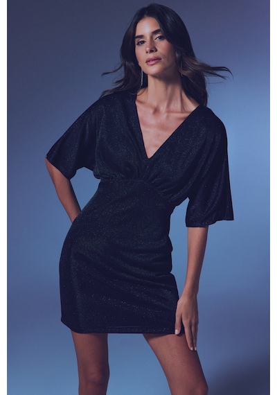 Sateen Simli Mini Elbise - Siyah-135355 Siyah