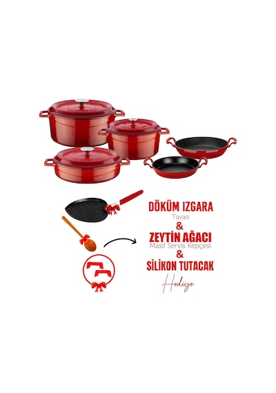 Lava Döküm Çeyiz Seti - Sağlıklı Ve Uzun Ömürlü Mutfak Seti Kırmızı