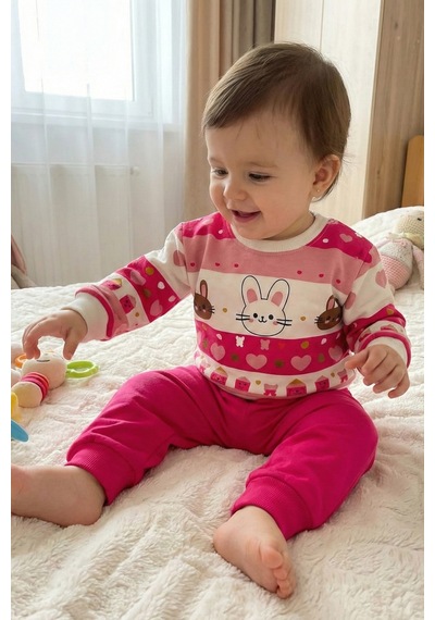 Veramoni Kız Bebek Takım Pamuklu Uzun Kollu Alt Üst Fuşya