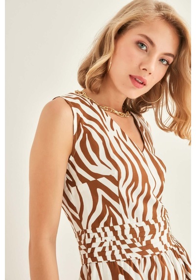 Vitrin Zebra Desenli V Yaka Elbise Kahve