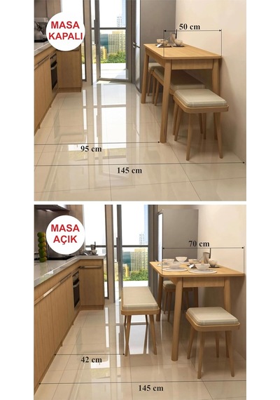 Vina Mini Açılır Mutfak Masa Takımı, Krem 1 Masa + 2 Sandalye + 1 Bench Çok Renkli