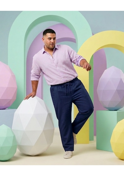Büyük Beden Beli Lastikli İpli Cep Detaylı Boru Paça Keten Erkek Pantolon Lacivert