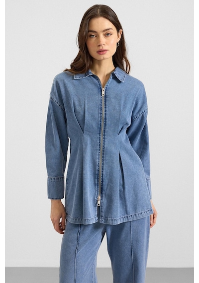 Olcay Fermuar Ve Pens Detaylı Ceket Pantolon Denim İkili Takım Açık Mavi 9396-tk