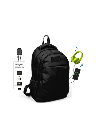 Coral High Siyah İlk ve Ortaokul Sırt Çantası - Usb ve Aux Çıkışlı